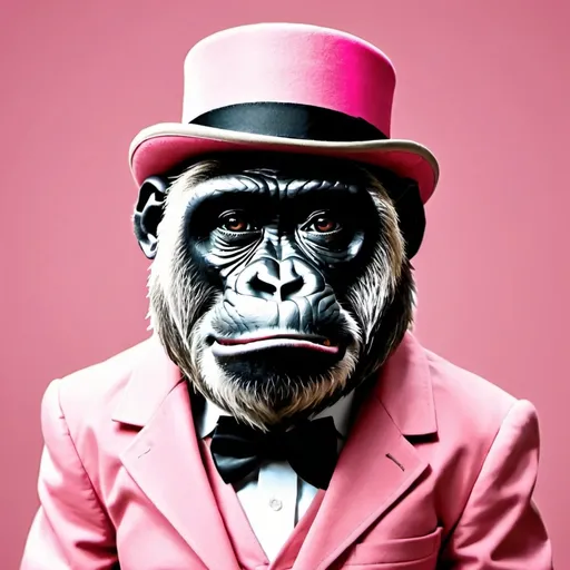 Prompt: Make a picture of a gorilla tag monkey and he is pink with a top hat and a mustache