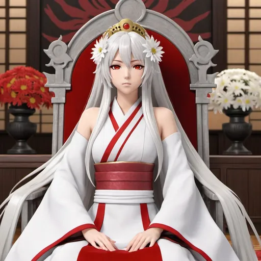 Prompt: reference Vocaloid and MMD model Yowane Haku and make an image of super cute twenty-five year old female Yowane Haku with her brilliant red eyes and long white hair. Depect Yowane Haku as The Empress of Japan sitting on The Chrysanthemum Throne Takamikura in a full court scene, wide shot, hyperrealistic, create 