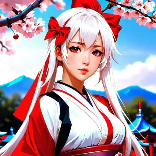 Prompt: 1woman vocaloid Yowane Haku, bangs,  blurry background, blurry foreground, cherry blossoms, depth of field, hair bow, long white hair, Ahoge, looking at viewer, multiple torii, red eyes, red sky, solo, torii, tree, upper body, Mark Brooks and Zdzisław Beksiński and Yves Tanguy, intricate, highly detailed, digital painting, artstation, concept art, smooth, sharp focus, illustration, summer vibrancy, cinematic lighting, art by Artgerm and greg rutkowski and alphonse mucha