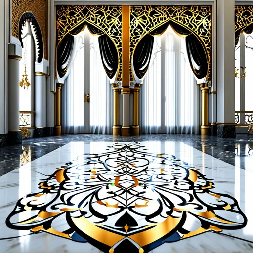 Prompt: A grand hall with a white marble floor adorned with a stunning arabesque design, featuring intricate gold and black patterns that stretch across the entire space, the light catches the marble, creating a dazzling display of intricate details