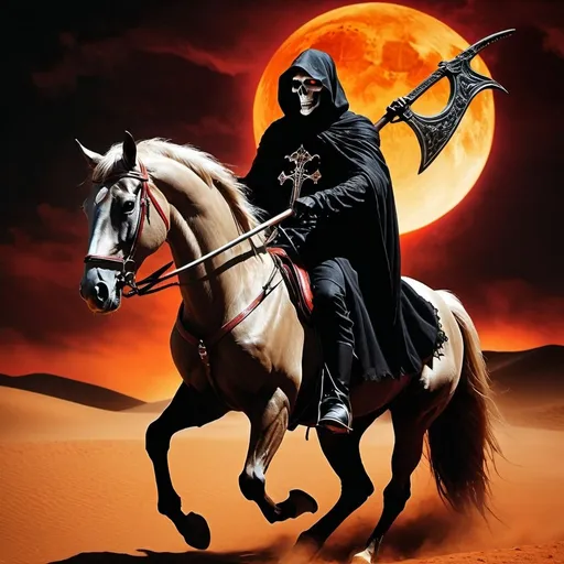 Prompt: Masterpiece, gothic, The grim reaper riding a horse with shinning red eyes and fiery hoofs,   carrying a scythe, dark background, dimly lite, rust colored desert background  