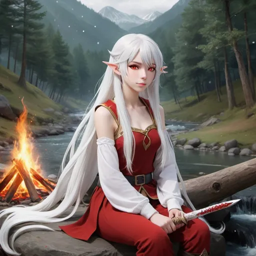 Prompt: reference vocaloid Yowane Haku, make an image of super cute twenty-five year old female Yowane Haku with her bright red eyes and long white hair as a majestic elf relaxing by a camp fire sword by her side next to a stream. Forest and Mountain scene, snowing, photo-realistic, create