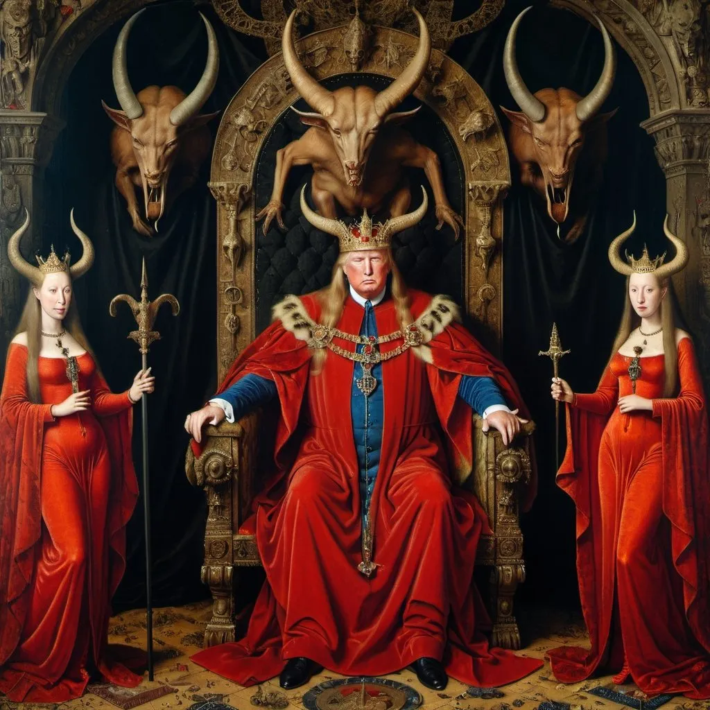 Prompt: Portrait Painting by Van Eyck,amazingly intricate,detailed background, Donald Trump depicted as a horned devil sitting on his throne reigning in hell, 3 female concubine demons serve him