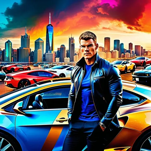 Prompt: Reference Alan Ritchson, vibrant inkpunk style photo of Jack Reacher, background city-scape, cars, detailed, high quality, professional, wide view