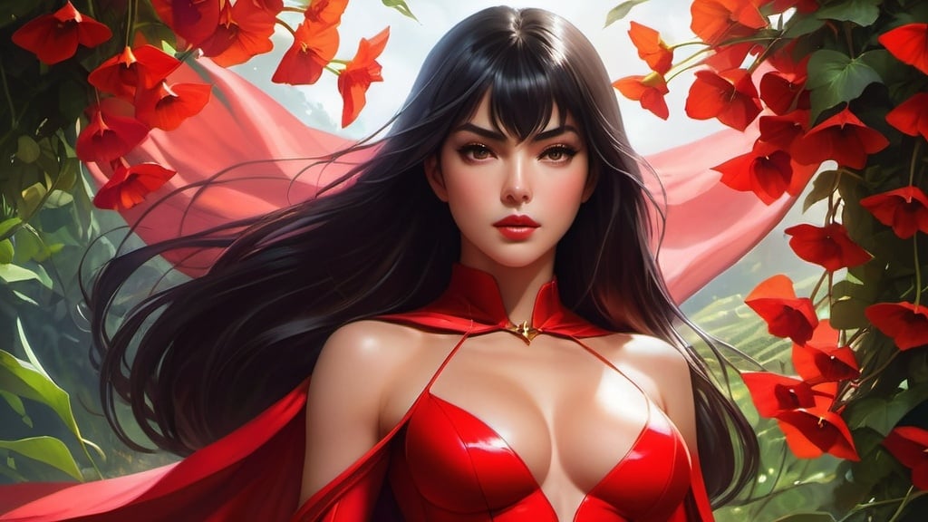 Prompt: Queen of Vampires skintight bodysuit vampirella with a cape overgrown by flower and vines by Greg Rutkowski makoto sinkai, magali villeneuve, artgerm and greg rutkowski ( jaehyung lee ) kim jung gi, pixiv. cinematic dramatic atmosphere, sharp focus, volumetric lighting, cinematic lighting, studio quality