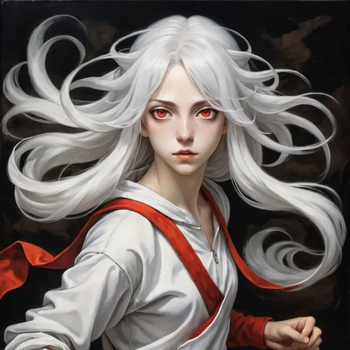 Prompt: Beautiful renaissance painting of female vocaloid Yowane Haku, long white hair and red eyes, jogging, athletics, anime, large eyes, oil-on-canvas masterpiece by Michelangelo, dramatic, dark background, create