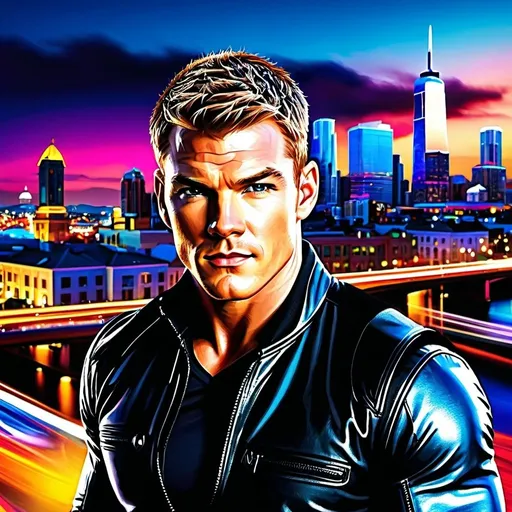 Prompt: Reference Alan Ritchson, vibrant inkpunk style photo of Jack Reacher, background city-scape, detailed, high quality, professional, wide view