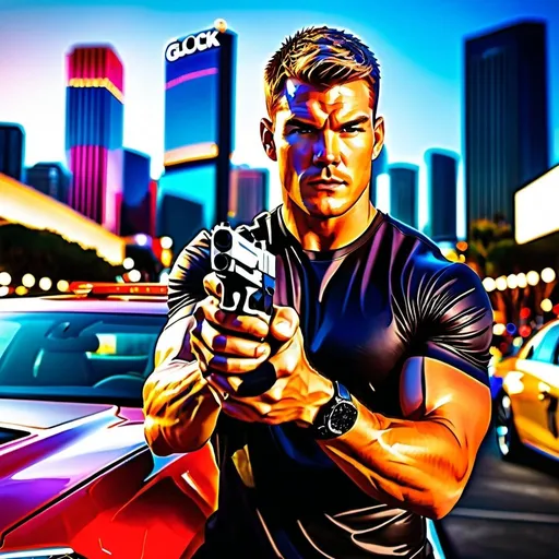 Prompt: Reference Alan Ritchson, vibrant inkpunk style photo of Jack Reacher, Glock G31 .357 magnum hand gun, background city-scape, cars, detailed, high quality, professional, wide view