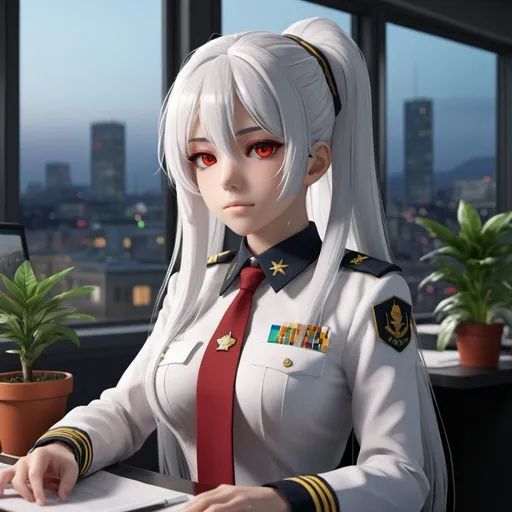 Prompt: reference vocaloid Yowane Haku, long white hair in a bow, bright red eyes, in a U.N. Navy officers uniform sitting at a desk in front of a window with a city view behind her and a potted plant, nighttime, Beeple, remodernism, unreal engine 5 quality render, a raytraced image