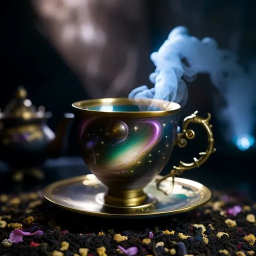 Prompt: A tea cup full and from its steam galaxies are forming, detailed scene, digital painting, hyperrealistic, fantasy, Surrealist, by Ciro Marchetti and Brian Froud, artstation, highly detailed, sharp focus, wide angle shot, sci-fi, stunningly beautiful, dystopian, dark colours, cinematic lighting, dark