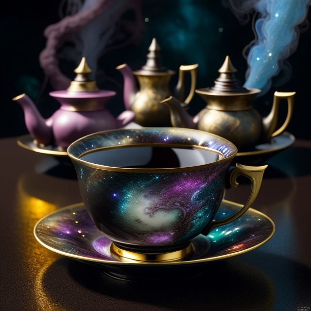 Prompt: A tea cup full and from its steam galaxies are forming, detailed scene, digital painting, hyperrealistic, fantasy, Surrealist, by Ciro Marchetti and Brian Froud, artstation, highly detailed, sharp focus, wide angle shot, sci-fi, stunningly beautiful, dystopian, dark colours, cinematic lighting, dark