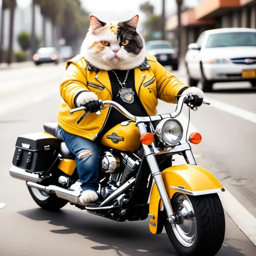 Prompt: a fat and cute cat with yellow jacket driving a harley davidson in the street of los angeles. 