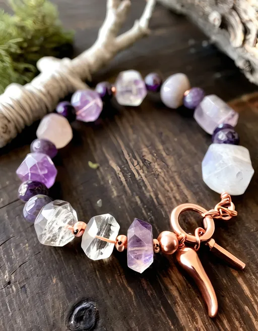 Prompt: Handmade crystal bracelet with organic asymmetry, amethyst to clear quartz gradient beads with tarnished rose gold spacers. Wrist resting on reclaimed wood slab covered in preserved moss, surrounded by dried lavender bundles and selenite wands. Morning fog effect with dappled sunlight through birch trees, faded terracotta ribbons woven through bracelet. Etsy's earthy boho aesthetic, visible hammer marks on metal charms.  