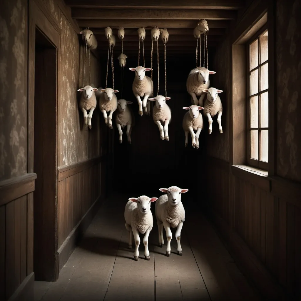 Prompt: hanging lambs in a dimly lit hallway, (gloomy ambiance), soft shadows casting eerie patterns, muted colors creating depth, rustic wooden walls, intricate architectural details, an unsettling yet captivating atmosphere, (surreal quality), hauntingly beautiful, high-resolution, ultra-detailed, dramatic lighting highlighting the lambs' textures, captivating yet foreboding scene.