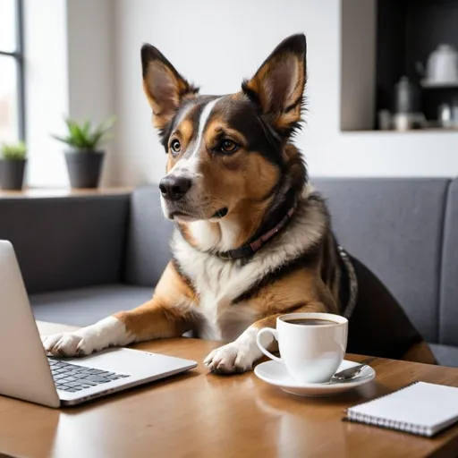 Prompt: Image of dog sit front of a laptop and near of him, a big cup of coffee