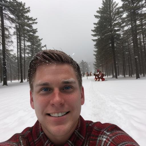 Prompt: Internet chad taking a selfie at the Island of misfit Toys from Rudolph the Red-Nosed reindeer while a snow storm is going on