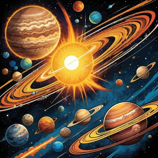 Prompt:  a comic book art type of the solar system. With a spaceship zipping by, a comet, a galaxy and other cool stuff. 
