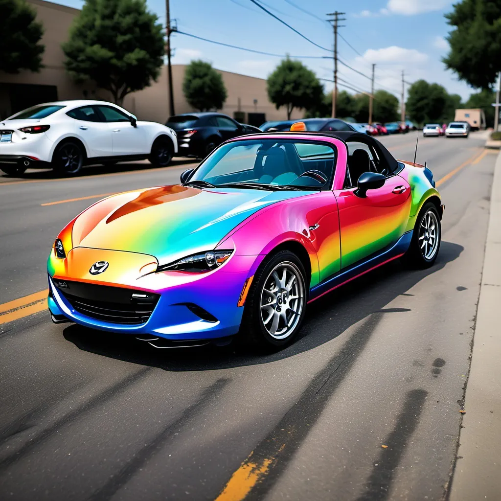 Prompt: photo realistic mazda miata with vinyl wrap of unicorns and rainbows