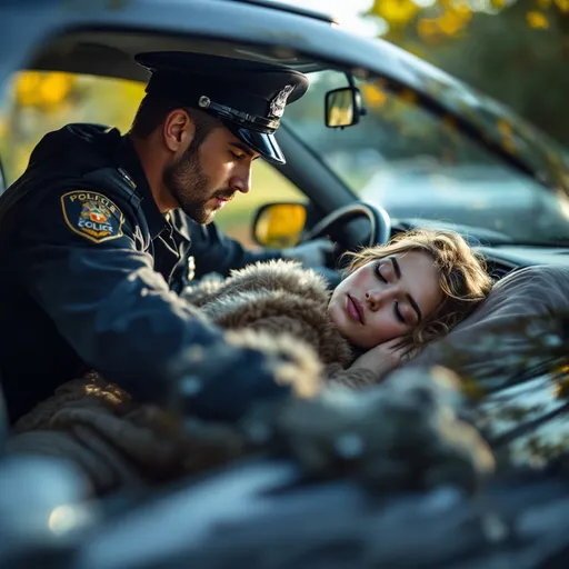 Prompt: There is a cop that found a beautiful girl inside of a car, and he is standing by to check and see if she is doing okay. Because she is sleeping inside the car and looks like she lost consciousness 
She is beautiful and he is handsome. the cop is outside the car and checking on her

