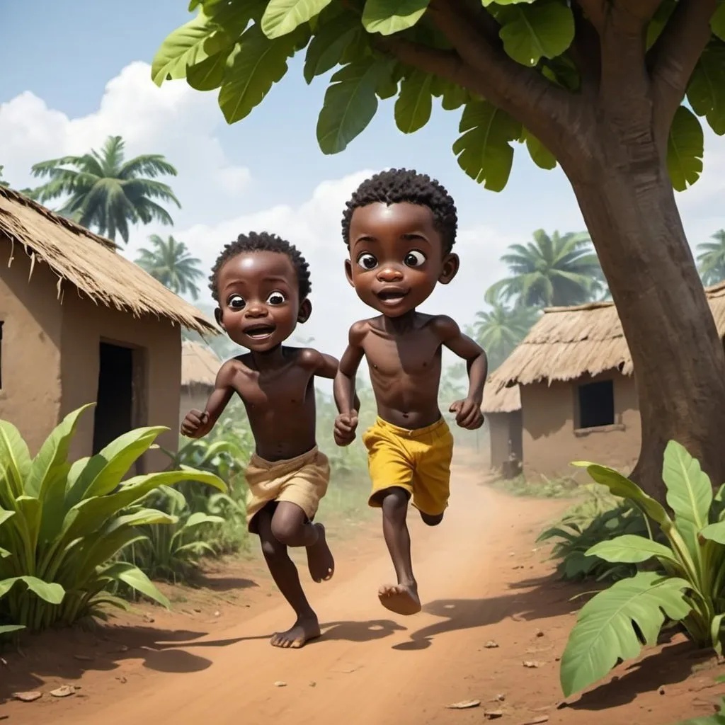 Prompt: Create a black small boy in a village where plantain and a lot of trees can be found and he is running after his small brother