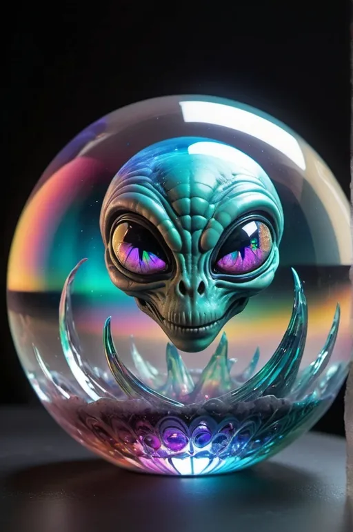 Prompt: An alien that resembles a floating crystal ball, with swirling colors and shifting patterns inside. Its face appears and disappears within the ball, always smiling.
