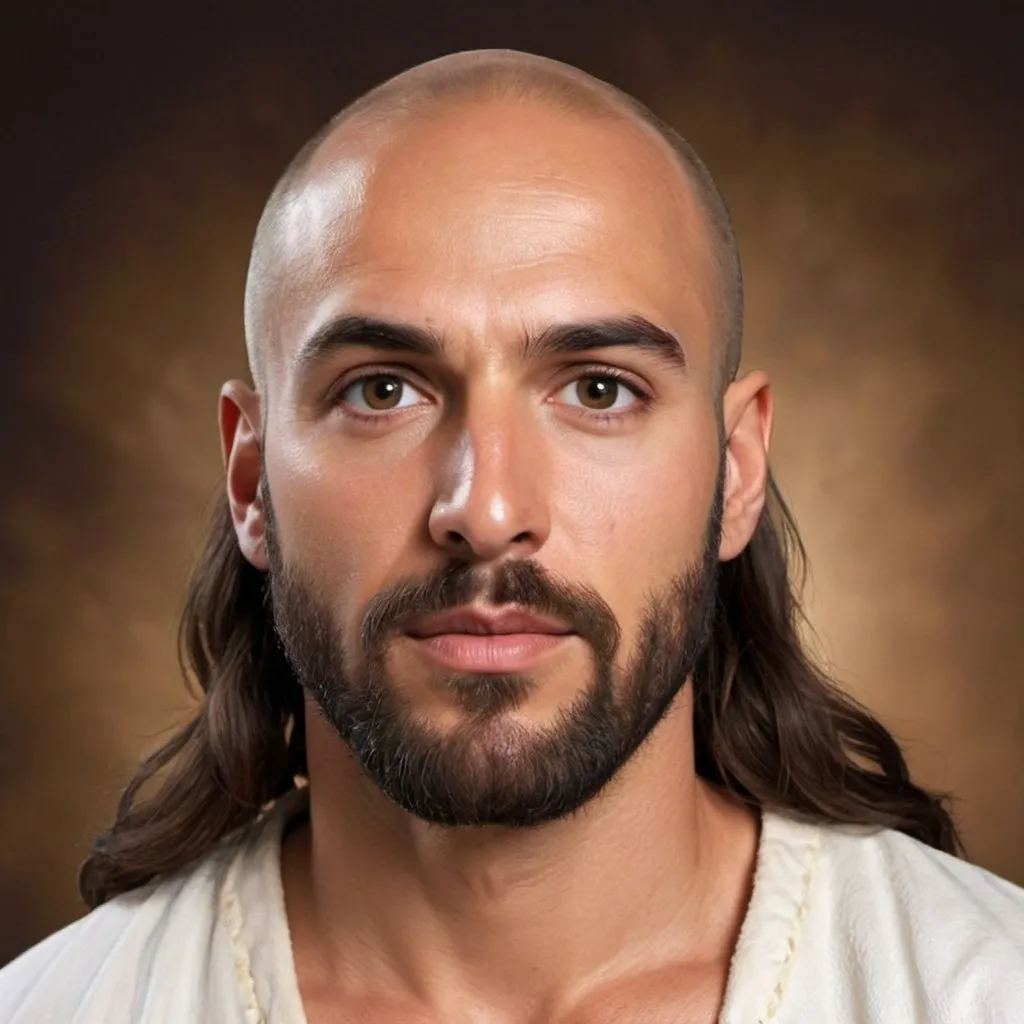 Prompt: Imagine a guy bald with no facial hair. He is dressed up like Jesus Christ and is of Latino origin?