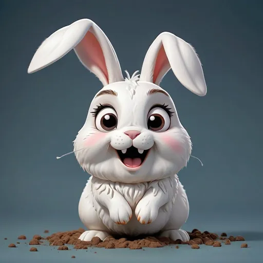 Prompt: cute comical flying white bunny with long ears poop poop