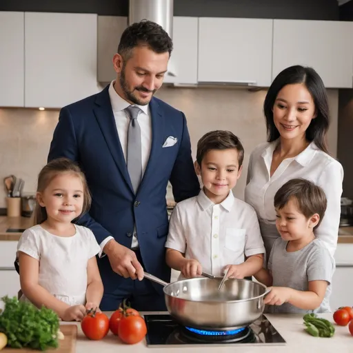 Prompt: husband wearing formal suit, cooking at home with wife and kids
