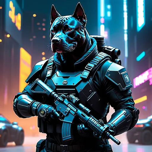 Prompt: cyberpunk futuristic omnipotent military black pitbull with gun  