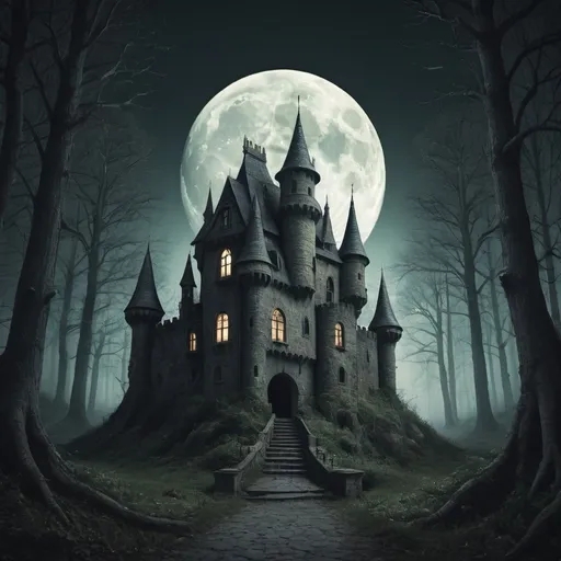 Prompt: A CREEPY CASTLE IN A FOREST WITH MOONLHGT