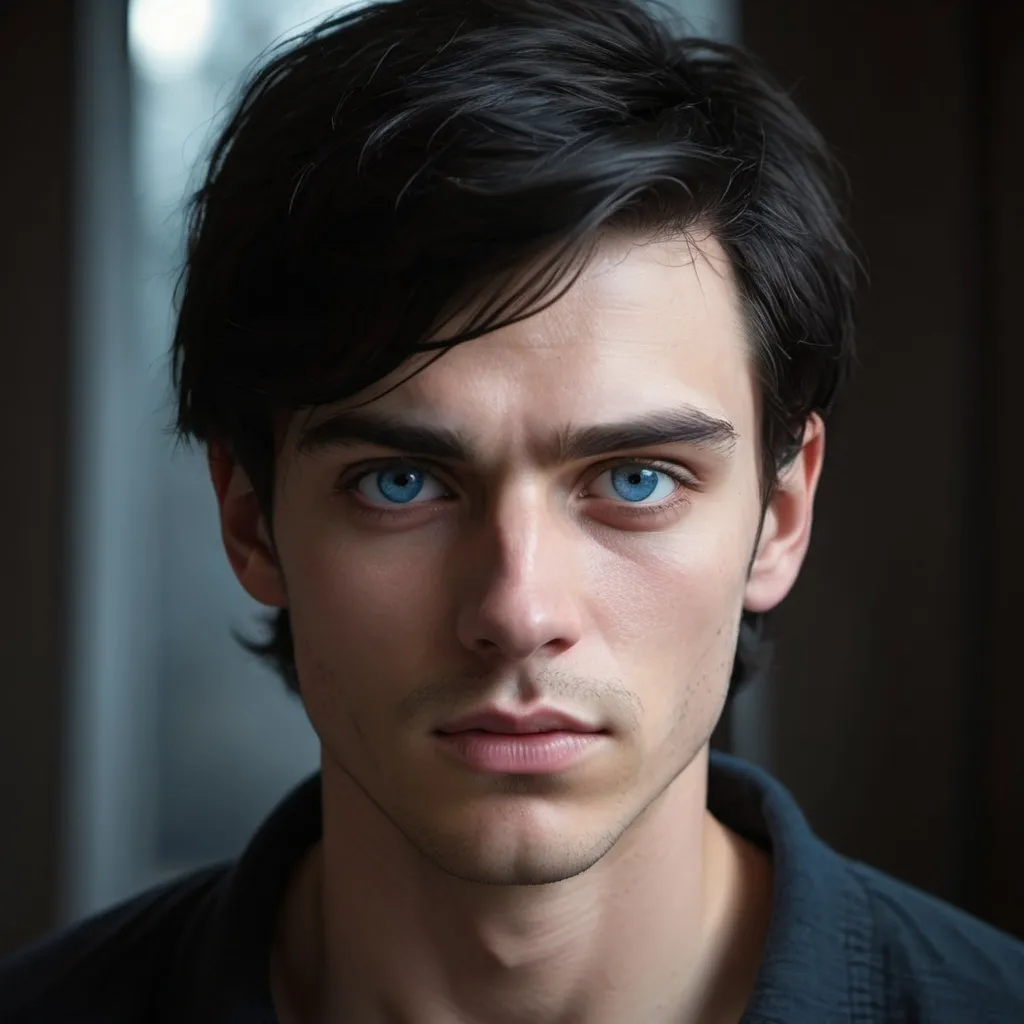 Prompt:  young man with the characteristics a cold expression, blue eyes, and Long dark black hair. It looks realistic Young guy Without a big jaw White skin Straight nose Without chin notch