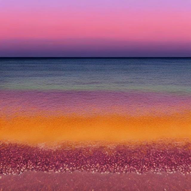 Prompt: A pink sea that shows a beach of purple sand and a lovely sunset with red and yellow birds
