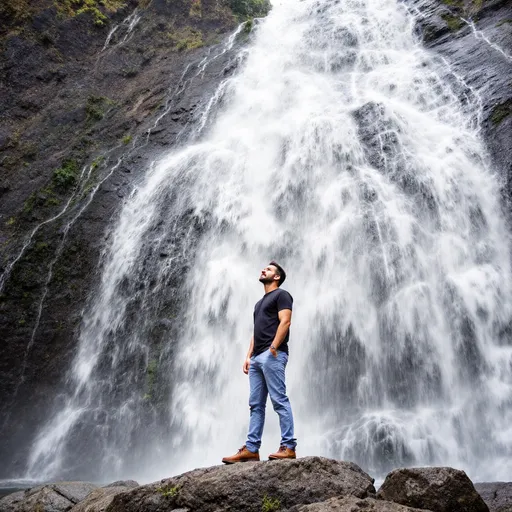 Prompt: The image shows a man standing in front of a large waterfall. He is wearing a black shirt, light blue pants, and brown shoes. He appears to be looking up at the waterfall with a contemplative expression on his face. The waterfall is cascading down a rocky cliff, with small waterfalls visible in the background. The man is standing on a large rock, and the water is flowing down the cliff in all directions. The overall mood of the image is peaceful and serene.