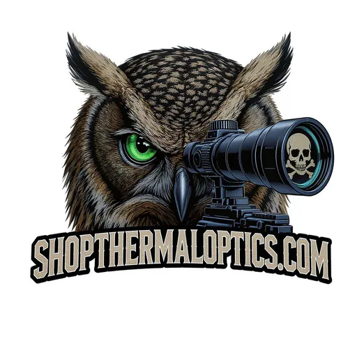 Prompt: create a logo with a mean looking owl that has green eyes. The owl is staring thru a thermal scope covering one eye. In the end of the rifle scope show a skull and cross bones. add shopthermaloptics.com exactly as i have it spelled in bold and dark font color

