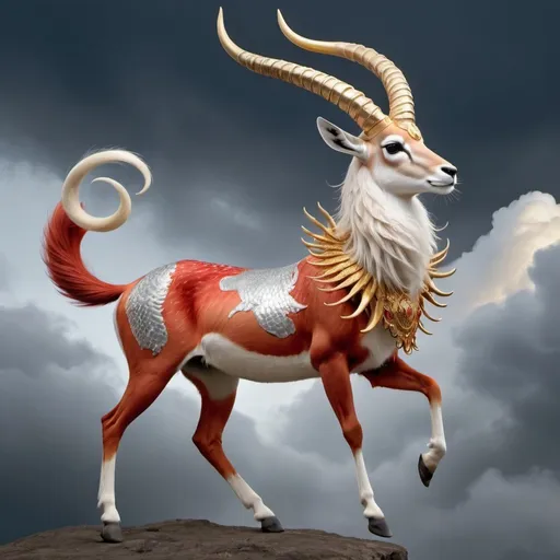 Prompt: A red gazelle wearing fish armor of gold and silver about the middle.  Long golden horns, and a long cream and silver mane from crown of head to tip of tail. Leaping from cloud to cloud, in a predawn sky.