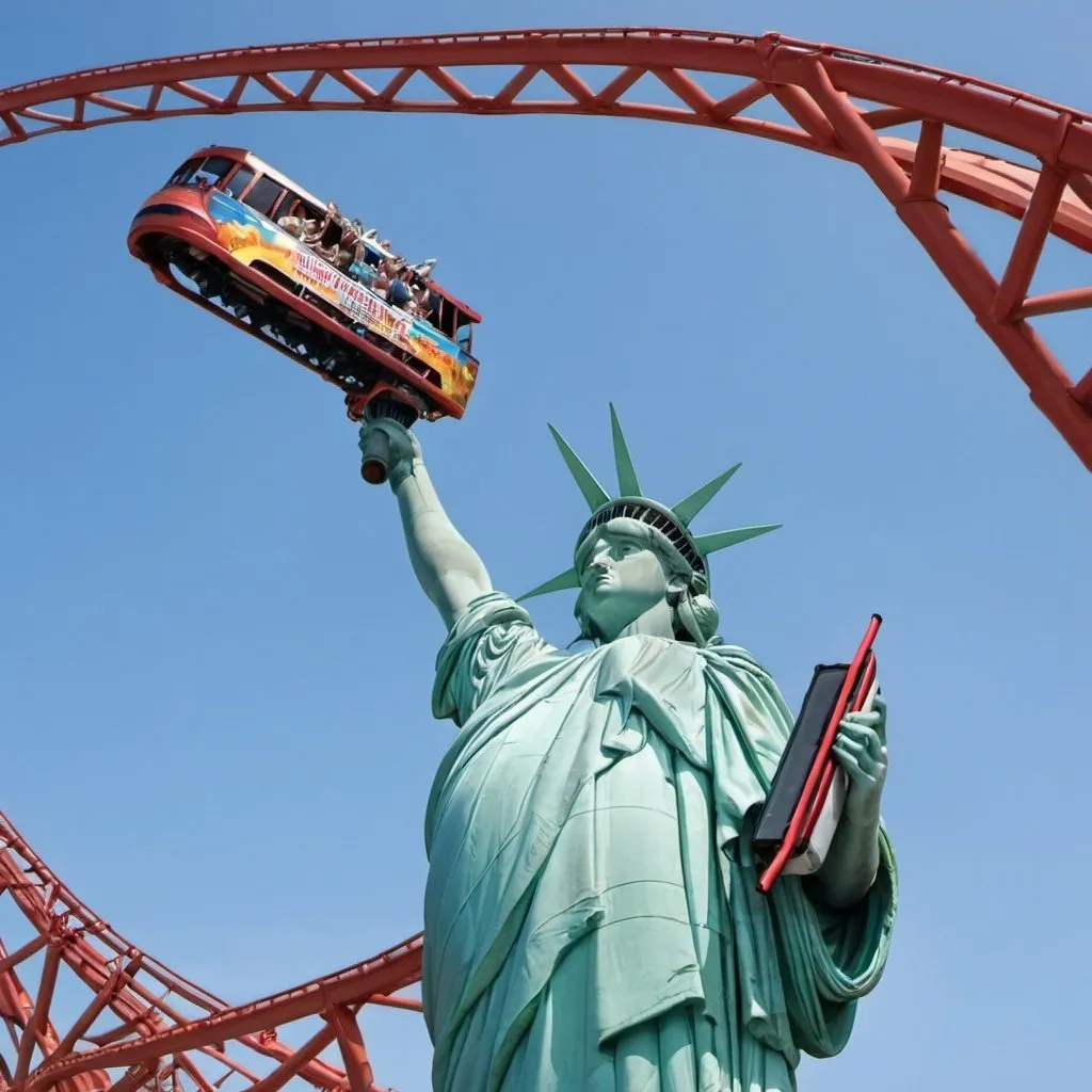 Prompt: statue of liberty riding a roller coaster
