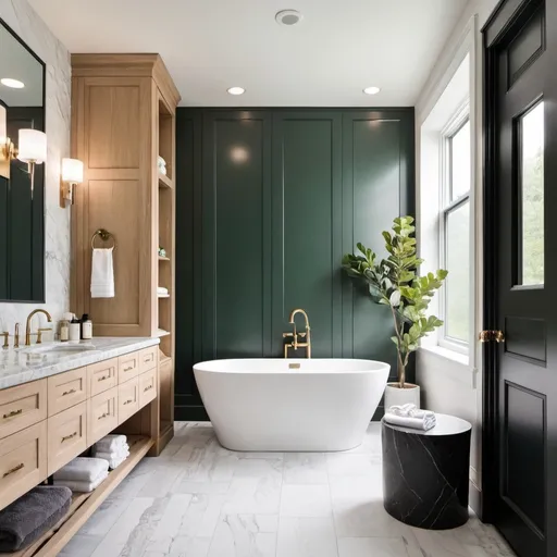 Prompt: Bathroom scene with white oak vanity, a tub, and dark green tile tub surround, grey-white marble floor tiles, and painted white walls 