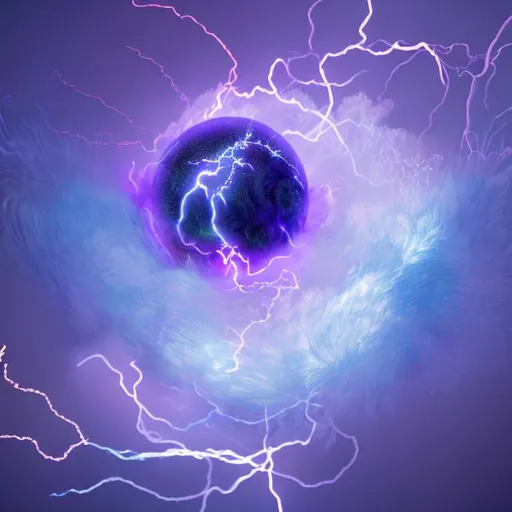 Prompt: A blue ball of swirling water surrounded by lilac zaps of lightning in a 2d visualization 
