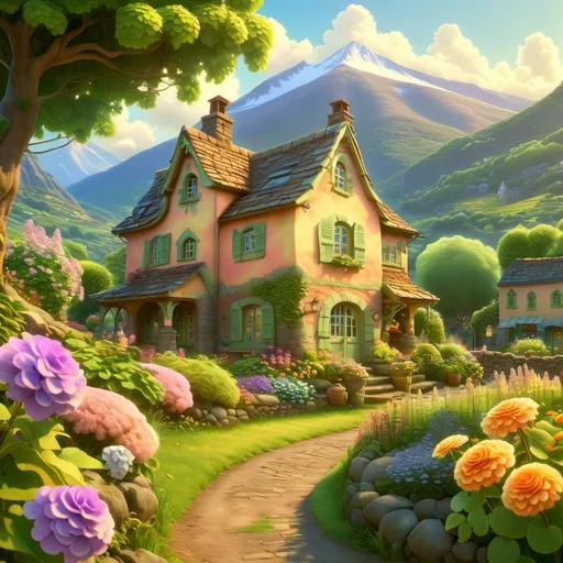 Prompt: charming cottage surrounded by colorful flowers and a lush garden, (serene mountainous landscape), whimsical and cozy atmosphere, soft pastel colors, dappled sunlight illuminating the scene, inviting open window, dreamlike quality, expansive greenery in the foreground, intricate details in flora, reminiscent of Studio Ghibli artistry, (ultra-detailed), (4K) quality.