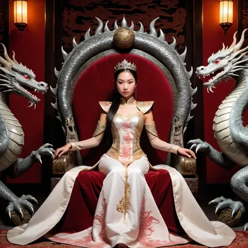 Prompt: asian princess on a throne with dragons nearby
