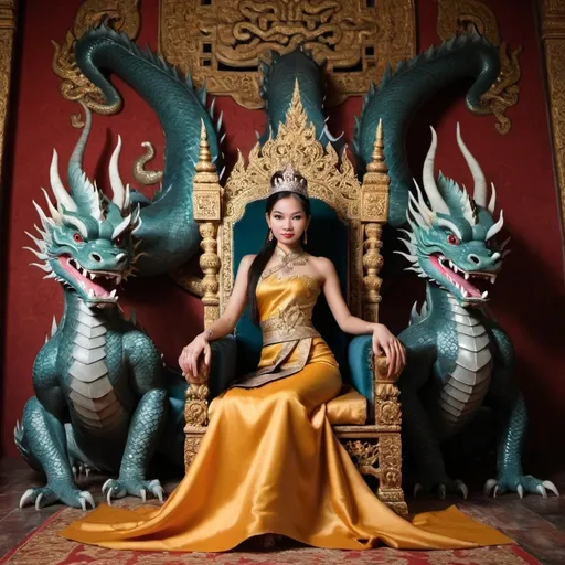 Prompt: thai princess on a throne with dragons nearby