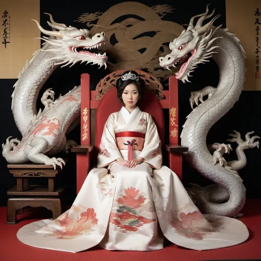 Prompt: japanese princess on a throne with dragons nearby