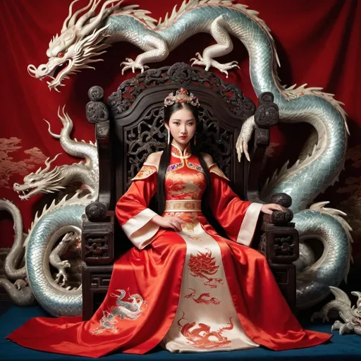 Prompt: chinese princess on a throne with dragons nearby