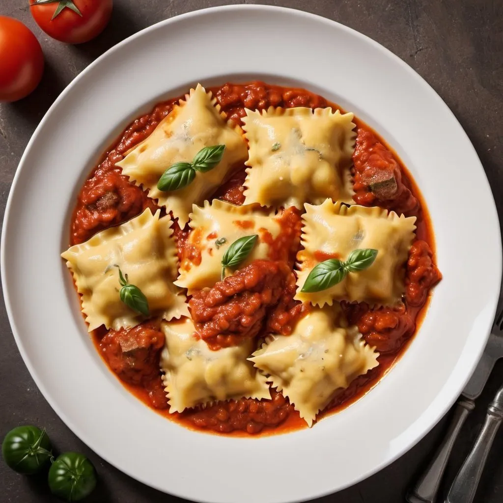 Prompt: ravioli plate with tomato sauce and meat
