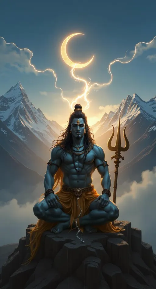 Prompt: Lord Shiva sitting in deep meditation on Mount Kailash, snow-covered peaks in the background, calm divine energy, crescent moon on head, Ganga flowing from hair, trishul beside him, spiritual atmosphere, ultra-detailed, cinematic lighting