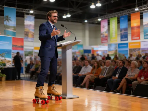 Prompt: @9odBUe2kgre4O7zdm4me is giving a speech at a tourist convention. He is wearing a fashionable dark blue suit and roller skates. Photo realistic and a medium close full body shot of greg so we can see the old style roller skates.