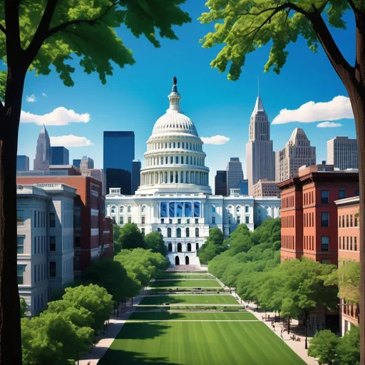 Prompt: (camera scenery of United States Representative, stunning architectural elements, (detailed perspective), vibrant colors, rich historical ambiance, (majestic skyline), clear blue sky, buzzing city life, high-definition photography, (ultra-detailed), strong contrasts capturing the essence of democracy, lush greenery juxtaposed with buildings, inviting atmosphere)