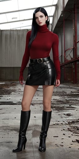 Prompt: red turtleneck, black hair, short black leather skirt with belt, private investigator, black leather boots, abandoned warehouse setting