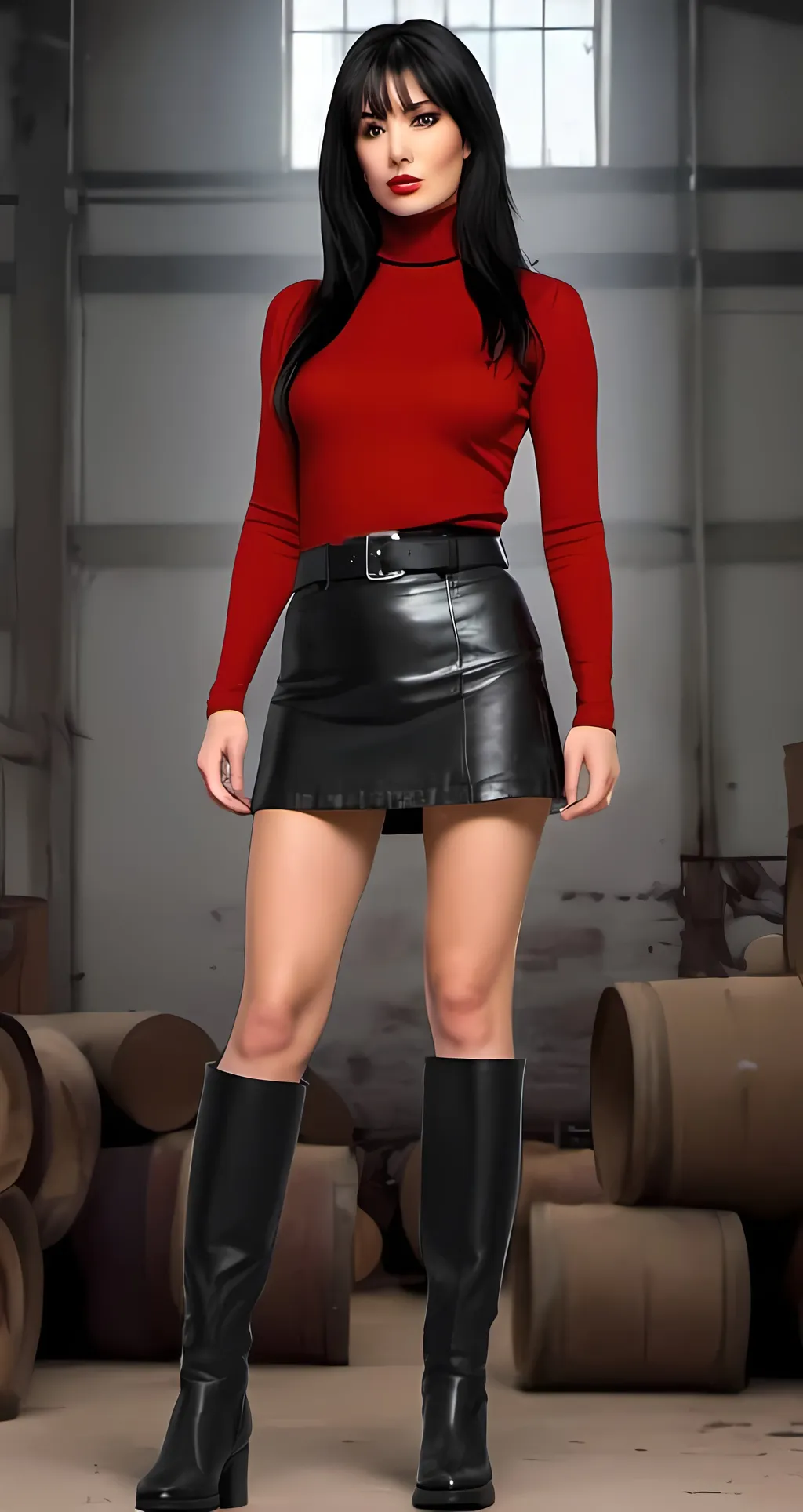 Prompt: red turtleneck, black hair, short black leather skirt with belt, private investigator, hands raised in surrender, knee-high black leather boots, abandoned warehouse setting