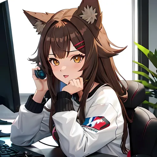 Prompt:  brown haired female wolf girl gamer